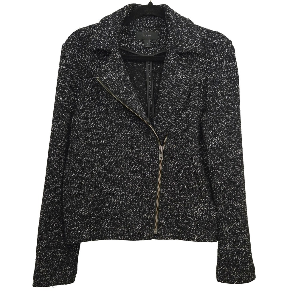 J.Crew Womens 8 Edgy Chic Black White Tweed Moto Jacket Asymmetrical Zip Wool‎